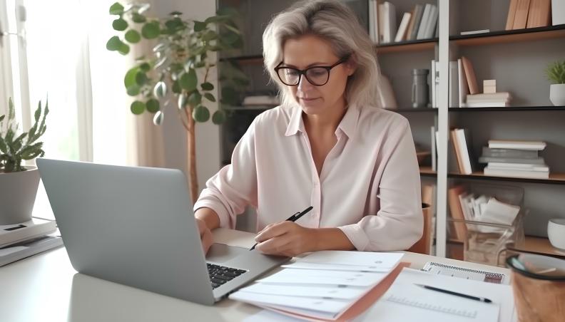 Frau sitzt am Schreibtisch und schaut auf einen Laptop, der vor ihr steht
