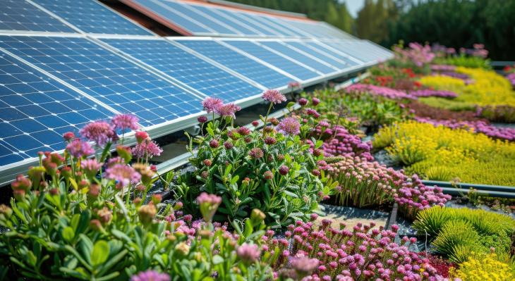 begrüntes Flachdach mit PV-Anlage
