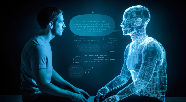 Mann und digitales Hologramm einer weiteren Person sitzen sich gegenüber