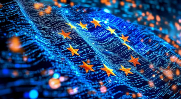 Flagge der EU dargestellt durch digitale Lichtpunkte