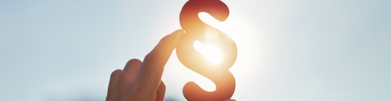Hand hält Paragraphensymbol in die Sonne