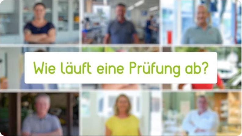 Text: Wie läuft eine Prüfung ab? Im Hintergrund sind Prüfende zu sehen