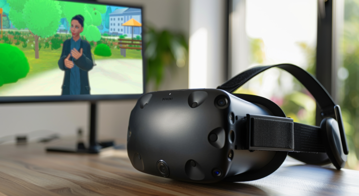 VR-Brille vor Bildschirm, auf dem Anwendung MIKA-VR angezeigt wird