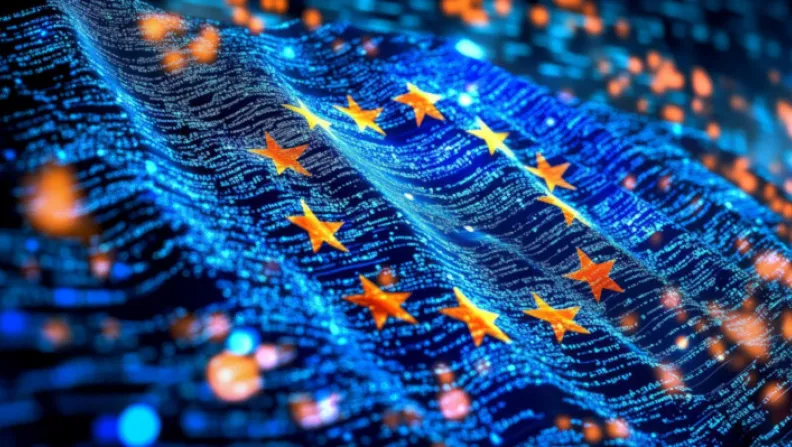 Flagge der EU dargestellt durch digitale Lichtpunkte
