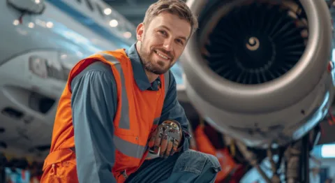 Flugzeugmechaniker kniend vor Triebwerk